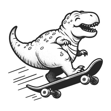 Cartoon dinosaur riding skateboard sketch engraving generative ai vector illustration. Scratch board imitation. Black and white image.