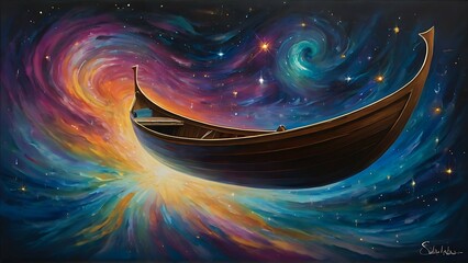 In a mesmerizing oil painting, a celestial-inspired galactic gondola floats effortlessly among a sea of swirling stars. The intricate details of the gondola are richly depicted, with shimmering - obrazy, fototapety, plakaty