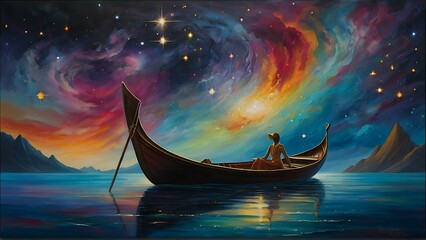 In a mesmerizing oil painting, a celestial-inspired galactic gondola floats effortlessly among a sea of swirling stars. The intricate details of the gondola are richly depicted, with shimmering