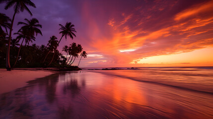 Stunning Shades of Sunset: A Majestic Display Of Nature’s Palette at a Tropical Beach Side - obrazy, fototapety, plakaty