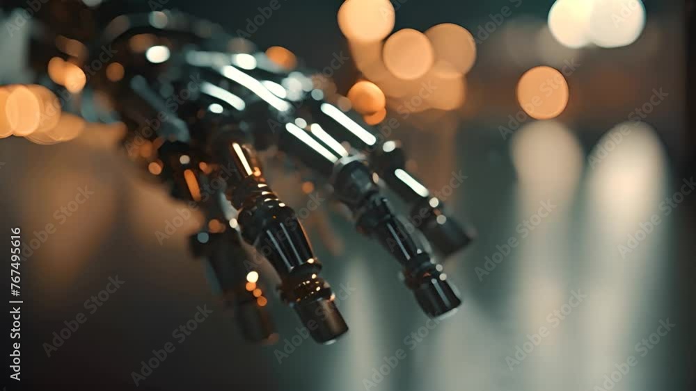 Poster close-up of robotic hand with background lights generative ai