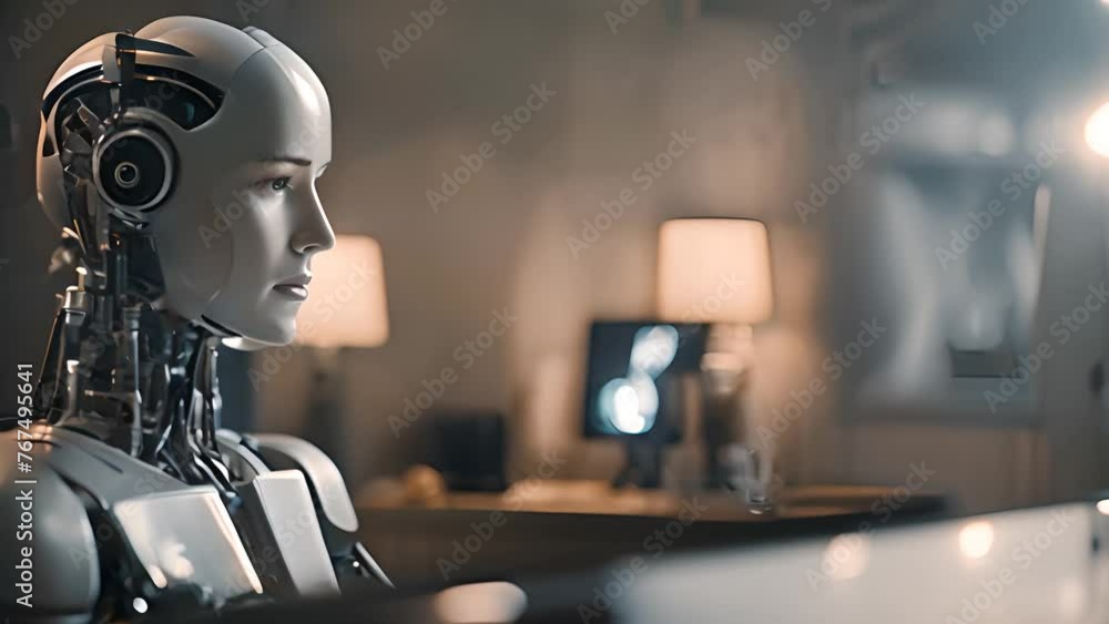 Poster robot with headphones observing generative ai