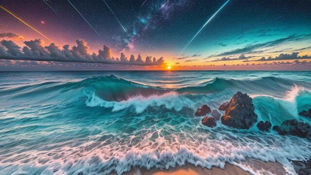 Tropical ocean landscape with blue waves, sunset and starry sky. Frame-by-frame animation with zoom effect. High quality 4k footage