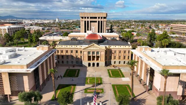 Arizona State Capitol, State Senate, House of Representatives building and Wesley Bolin Memorial Plaza aerial view in city of Phoenix, Arizona AZ, USA. 