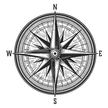 Wind rose Nautical Compass map sketch engraving generative ai fictional character vector illustration. Scratch board imitation. Black and white image.