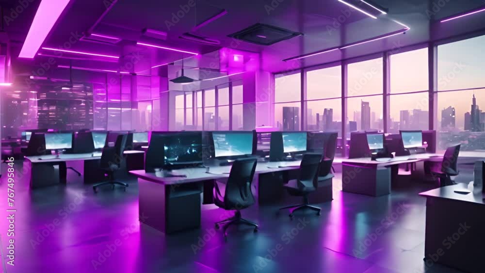 Poster shared office space with neon lights and computers generative ai