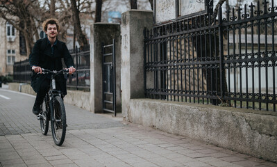 Eco-friendly businessman riding a bike to work in the city, blending fitness with business.