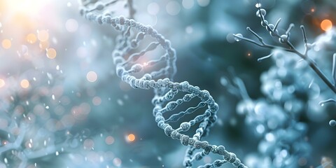 Closeup of a 3D DNA double helix structure with blurred background focusing on genetic mutation and disorders. Concept DNA structure, Genetic mutation, Disorders, Closeup photography - obrazy, fototapety, plakaty