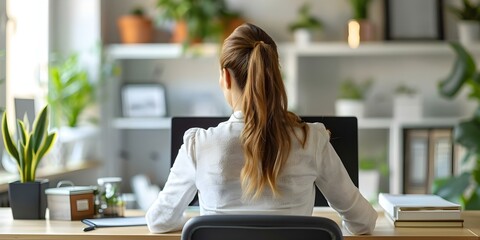 Young businesswoman with bad posture experiencing back pain while sitting at her office desk. Concept Posture Correction, Workplace Ergonomics, Back Pain Relief, Office Desk Exercises