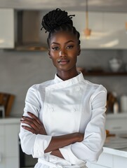 Portrait of a confident beautiful african american black woman as a kitchen chef, arms crossed, wearing a chef outfit, blurred kitchen on the background