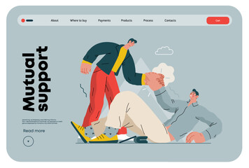 Mutual Support: Helping a fallen person get up -modern flat vector concept illustration of man assisting another man to stand up A metaphor of voluntary, collaborative exchanges of resource, services