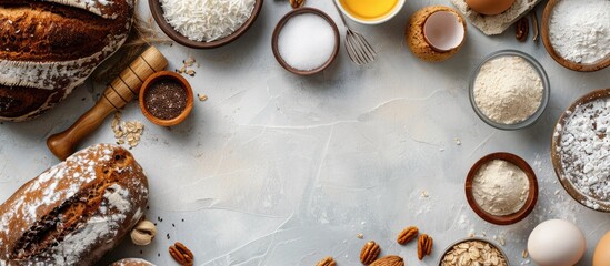 Fototapeta na wymiar Baking and cooking various baked goods such as bread, pastry, or cake with ingredients like flour, sugar, milk, eggs, coconut, and butter placed on a bright grey background with space for text,