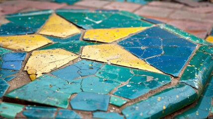  a close up of a blue and yellow tile with yellow and blue pieces of paint on the top of it.