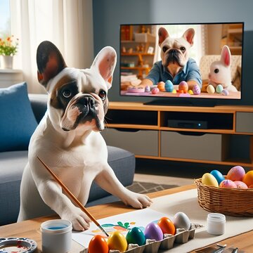 The French Bulldog paints Easter eggs all night long.
