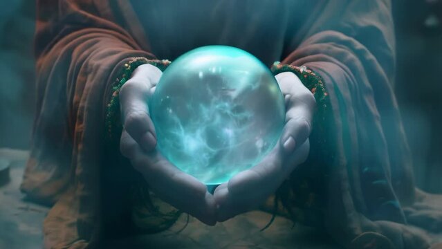 Witch hands holding crystal ball with fog or smoke inside. Halloween, magic or witchcraft concept. High quality 4k footage