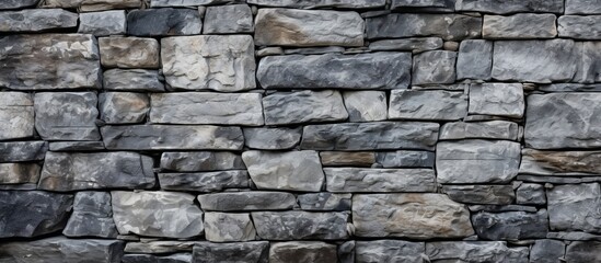 A detailed closeup of a brickwork stone wall showcasing a beautiful pattern of rectangular bricks, made of composite material and set on a bedrock foundation