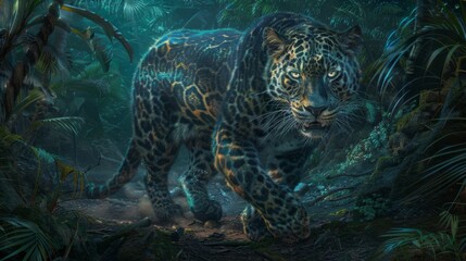  a painting of a large leopard walking through a forest of plants and trees in front of a group of other animals. - obrazy, fototapety, plakaty