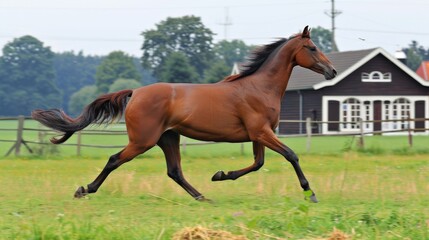 Fototapeta premium a brown horse galloping through a field of grass near a wooden fence and a red barn in the background.