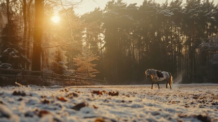  a horse standing in the middle of a snow covered field with the sun shining through the trees in the background.