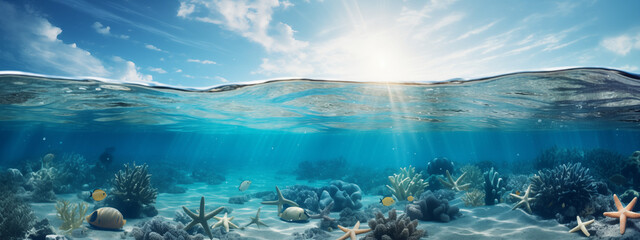 Obraz premium Vibrant Underwater Seascape with Marine Life and Coral Reefs