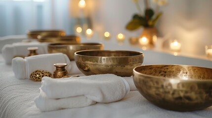 The view from above shows Tibetan singing bowls neatly arranged in a row on a white massage bed in...