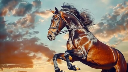  a horse that is standing on its hind legs in front of a sky with clouds and the sun behind it.