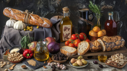  a still life of bread, olives, tomatoes, nuts, and other foodstuffs on a table.