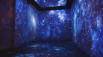 The scene features a projector casting a starry sky and other projections onto the wall, creating a mesmerizing ambiance. - obrazy, fototapety, plakaty