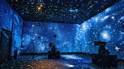 The scene features a projector casting a starry sky and other projections onto the wall, creating a mesmerizing ambiance. - obrazy, fototapety, plakaty