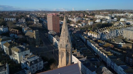 Aerial photo of Christchurch church spire in St Leonards on-sea East Sussex - obrazy, fototapety, plakaty