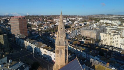 Aerial photo of Christchurch church spire in St Leonards on-sea East Sussex - obrazy, fototapety, plakaty