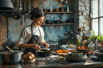 young beautiful woman preparing food in the kitchen. cooking salad in the kitchen. Healthy eating, vegetarian food and dieting concept