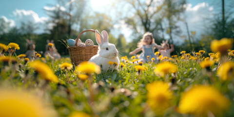 A white Easter bunny sits in the grass with yellow dandelions, next to it is an empty basket for eggs and children run around him looking for eggs. In front of them you can see two girls dressed as bu - obrazy, fototapety, plakaty