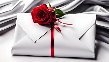 Cinema screenshot view of letter tied with red ribbon and natural red rose