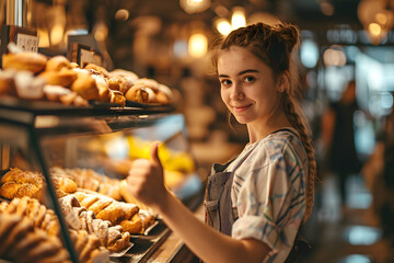 young woman baker is engaged in baking buns and bagels. sale of dessert pastries in a supermarket store