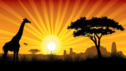  a giraffe standing in front of a sunset with a tree and a giraffe in the foreground.