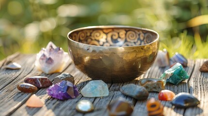 In an outdoor setting, there's a composition featuring a Tibetan singing bowl surrounded by various gemstones placed on a wooden table