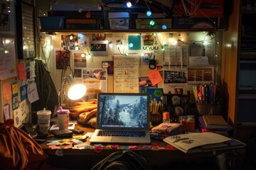 A study area featuring a desk and laptop cluttered with textbooks, sticky notes, coffee cups, and various study materials