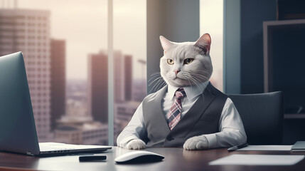 A cat boss and manager wearing a formal business suit in an office with a notebook computer for a meeting or interview. Thinking ideas. Success and win. Employer, leader and entrepreneur.  