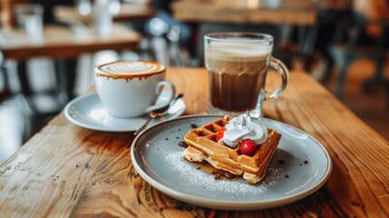  a plate of waffles with whipped cream and a cup of cappuccino on a wooden table. - obrazy, fototapety, plakaty