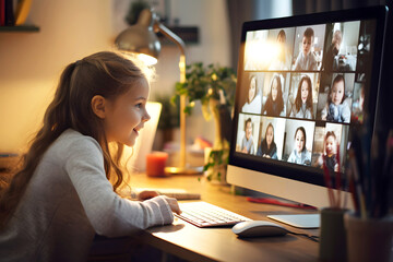 little girl communicates with friends via video call using a computer