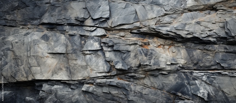 Poster close up of a grey bedrock outcrop forming a rectangular composite material wall. the rocks are arra