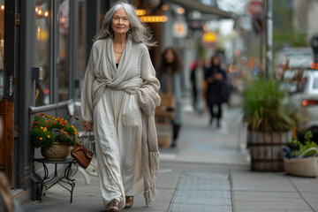 Fototapeta premium Old elderly beautiful woman with gray hair dressed trendy clothes fancy boots and accessories walking down the crowded street in the summer. Senior street fashion