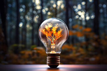 closed ecosystem in a vessel in the form of a lamp against the backdrop of nature. ecology and conservation of flora. green natural area.