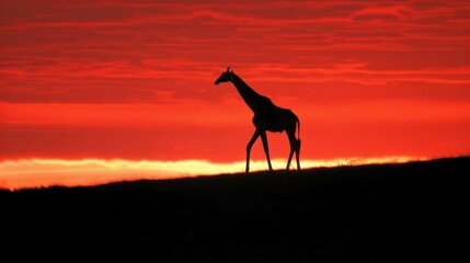  a giraffe standing on top of a grass covered hill under a red sky with clouds in the background.