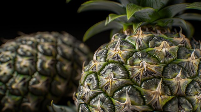  a close up of a pineapple fruit on a black background with a blurry image of the inside of the fruit.