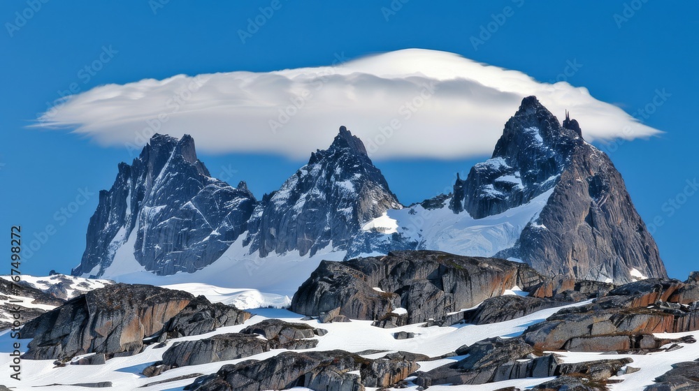 Poster a mountain range covered in snow with a cloud in the middle of the sky and snow capped mountains in 