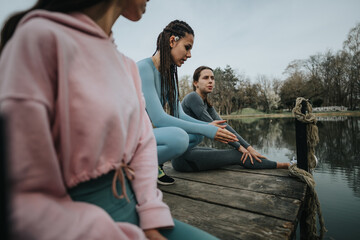 Three young friends in sportswear enjoy a restful moment on a dock overlooking a serene lake,...
