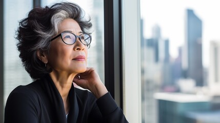 mature optimistic asian businesswoman woman female executive CEO in corporate modern office thinking contemplating and looking out window skyscraper cityscape daytime  - obrazy, fototapety, plakaty