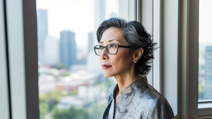 mature optimistic asian businesswoman woman female executive CEO in corporate modern office thinking contemplating and looking out window skyscraper cityscape daytime with room for text - obrazy, fototapety, plakaty